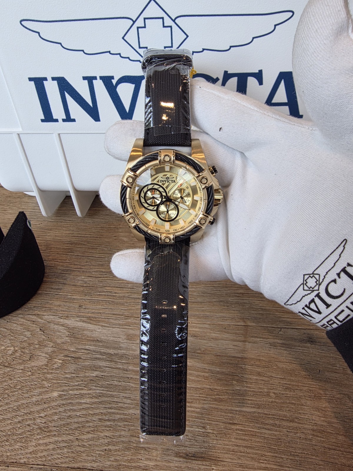 Invicta Bolt Ace Chronograph Quartz Gold Dial Black Leather Men’ Wristwatch 52mm