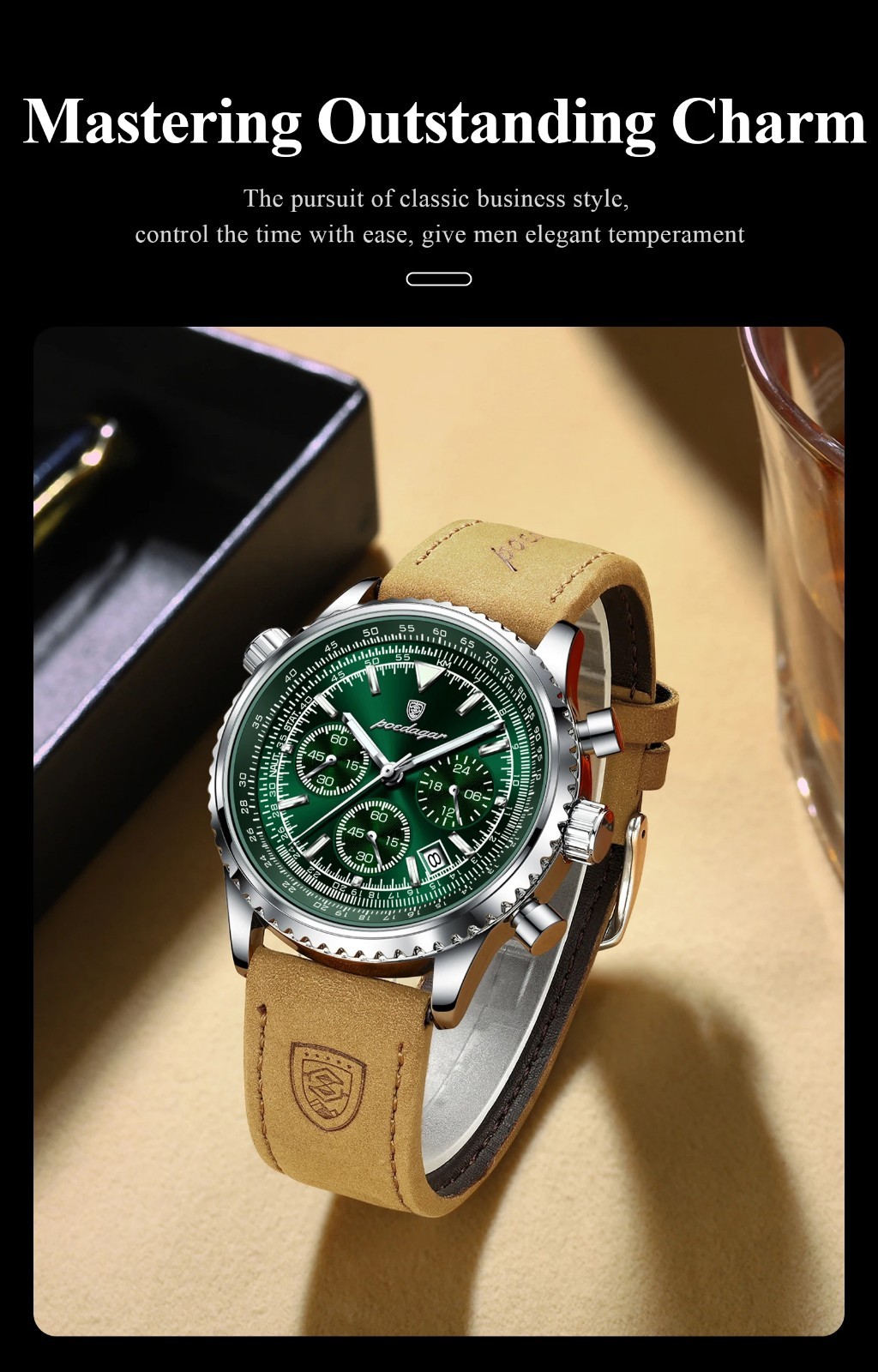 POEDAGAR Luxury Men Quartz Watch Waterproof Chronograph Leather Best Gift