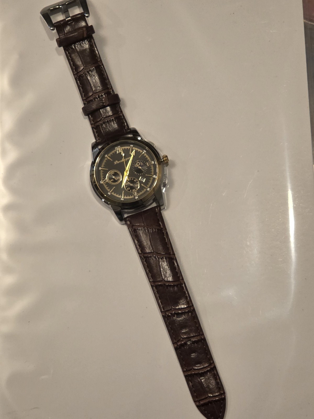 POEDAGAR Men’s Quartz Analog Watch Date Black Dial Leather Strap