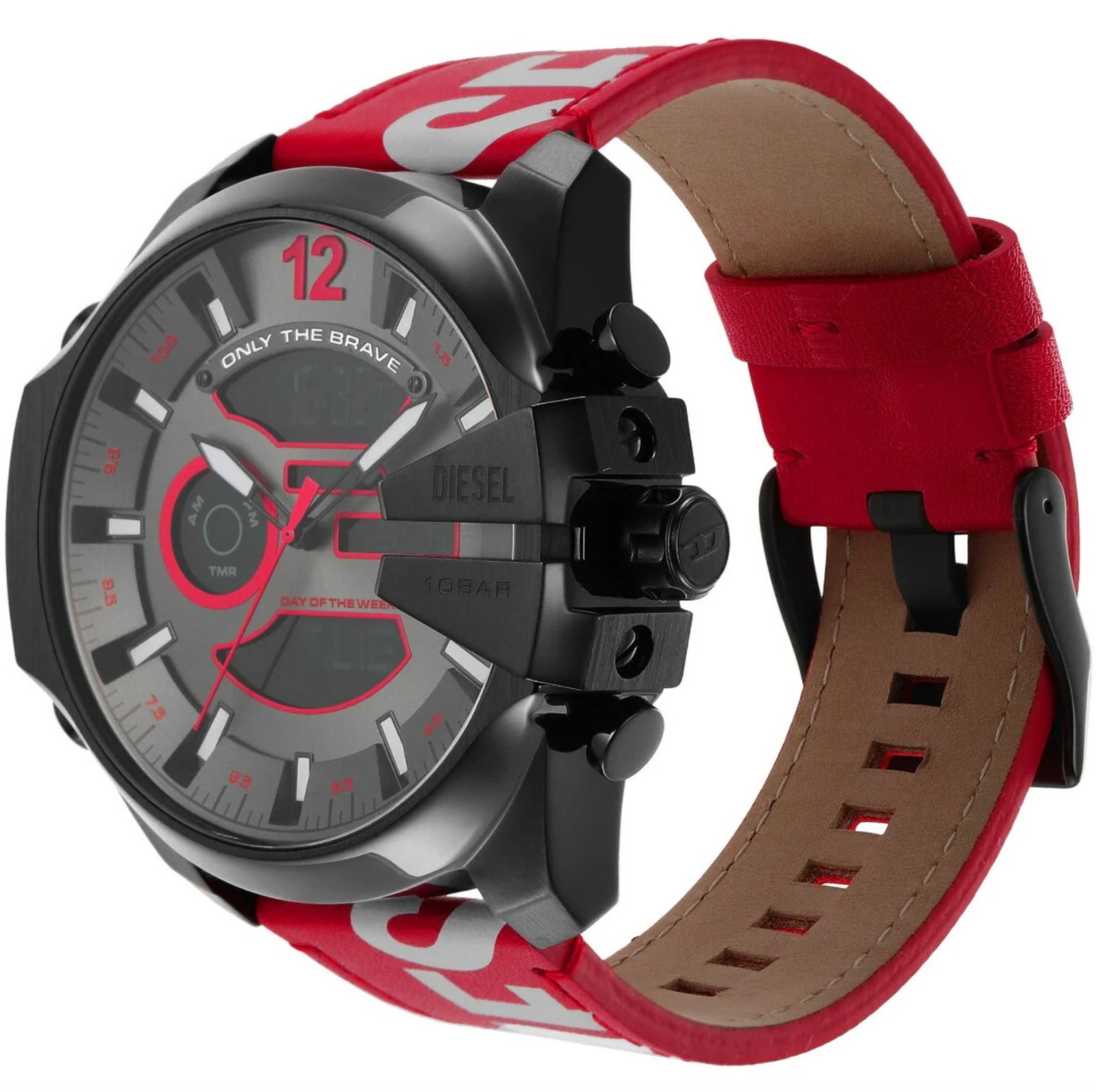 DIESEL Black Stainless-Steel Grey Sunray Dial 51mm Watch Red White Leather Band