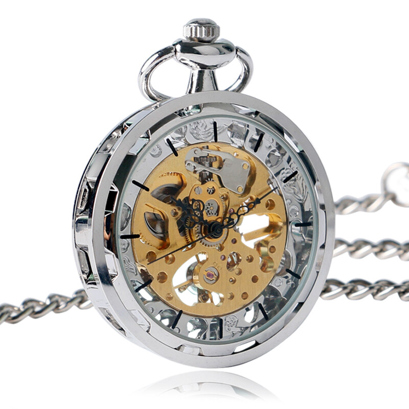 Mens Skeleton Pocket Watch Mechanical Silver Wind Up Fob Watch with Chain Luxury