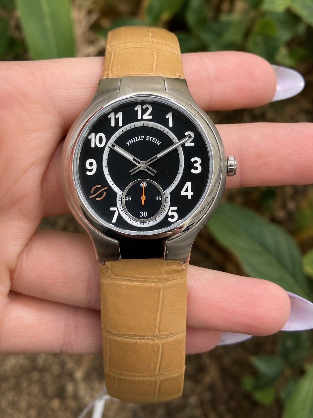 Philip Stein 42mm Black Dial Stainless Steel Watch Tan Leather Alligator Strap