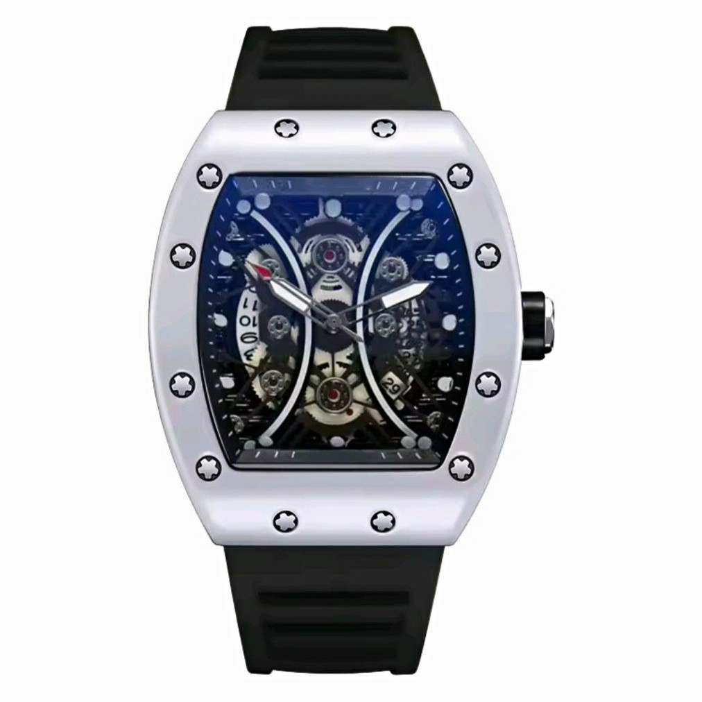 Tonneau Skeleton Dial Analog Wristwatch w/ Date, Black Rubber Strap Big Face New