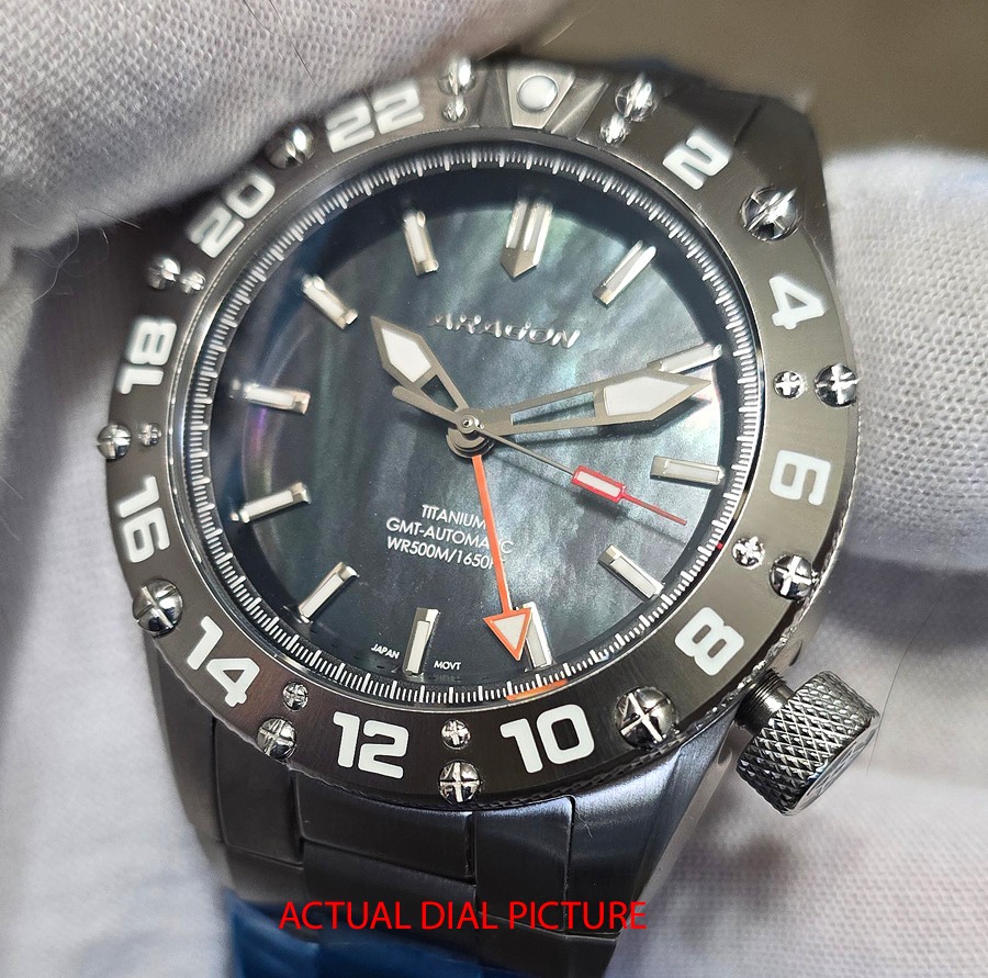 NEW! Aragon Enforcer True GMT Titanium Black MOP Dial 44mm Watch A702BLK
