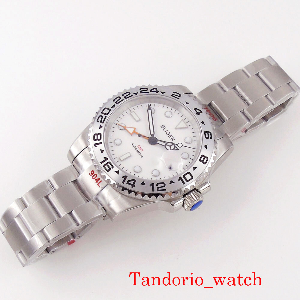 40mm Bliger White Dial GMT Automatic Mens Watch Sapphire Glass Oyster Strap Date