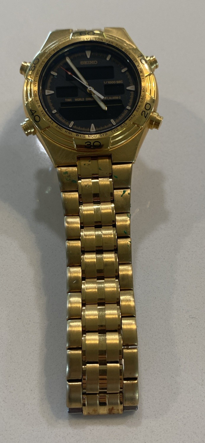 Seiko H021-8000 World Timer Ana-Digi Alarm Chronograph Gold Watch Needs Battery