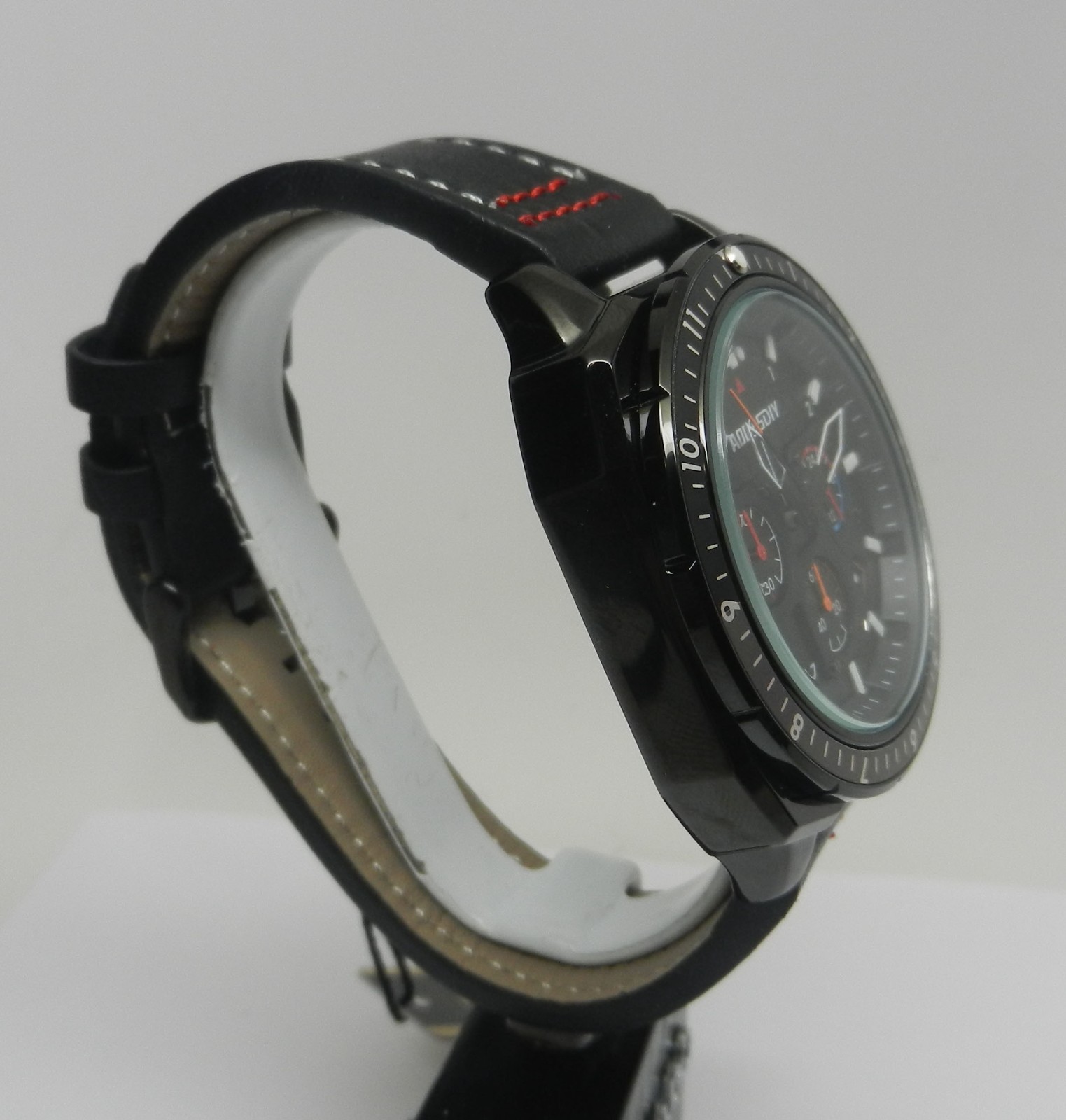 Men’s 45mm Black Textured Chronograph Date Dial W/ Leather 24HR Dial Sport Watch