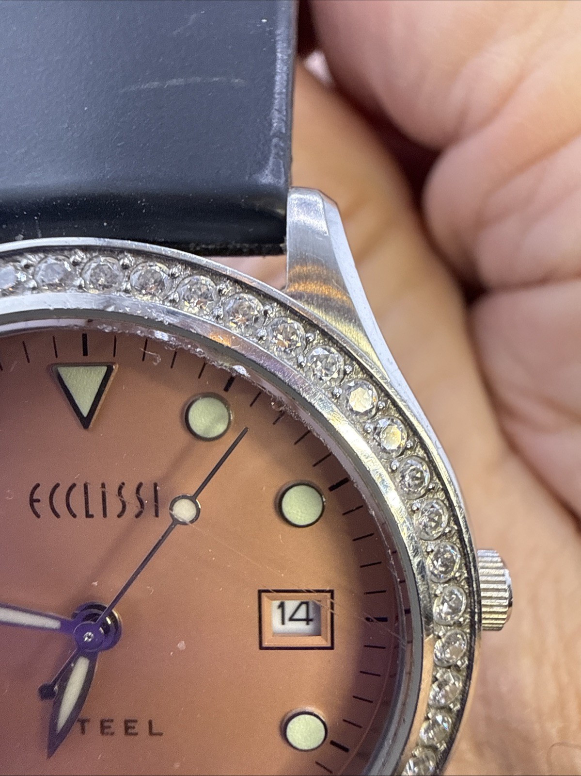 Ecclissi Watch Salmon Day Dial Gemstone Bezel 36mm Unisex Bi Fold Snap Strap