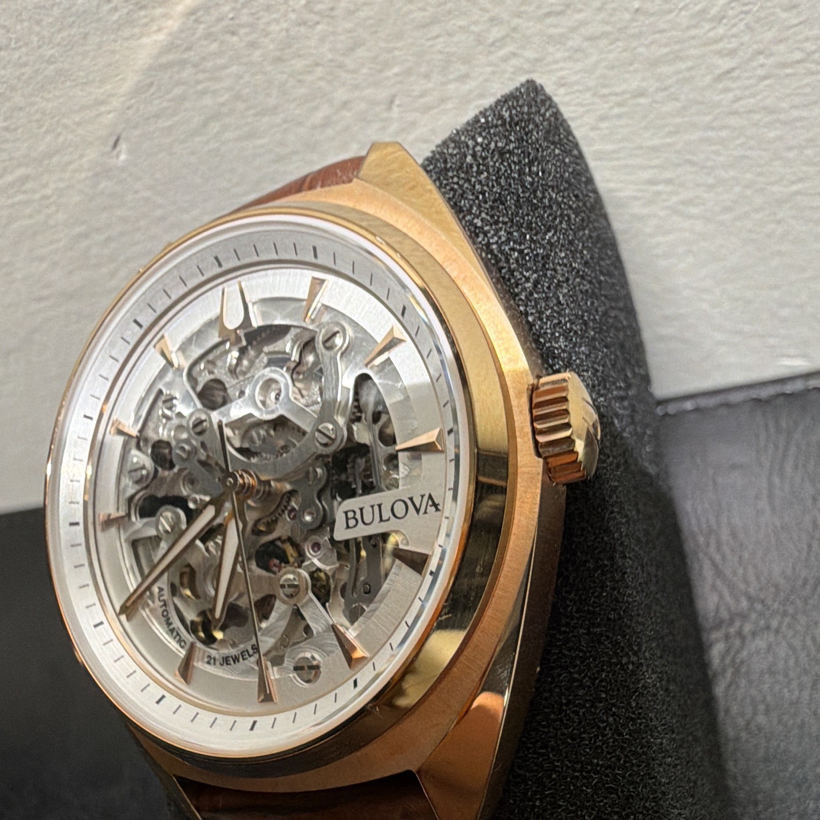 Bulova 97A175 Automatic Skeleton Dial Gold Tone Case 41mm Brown Leather 30m