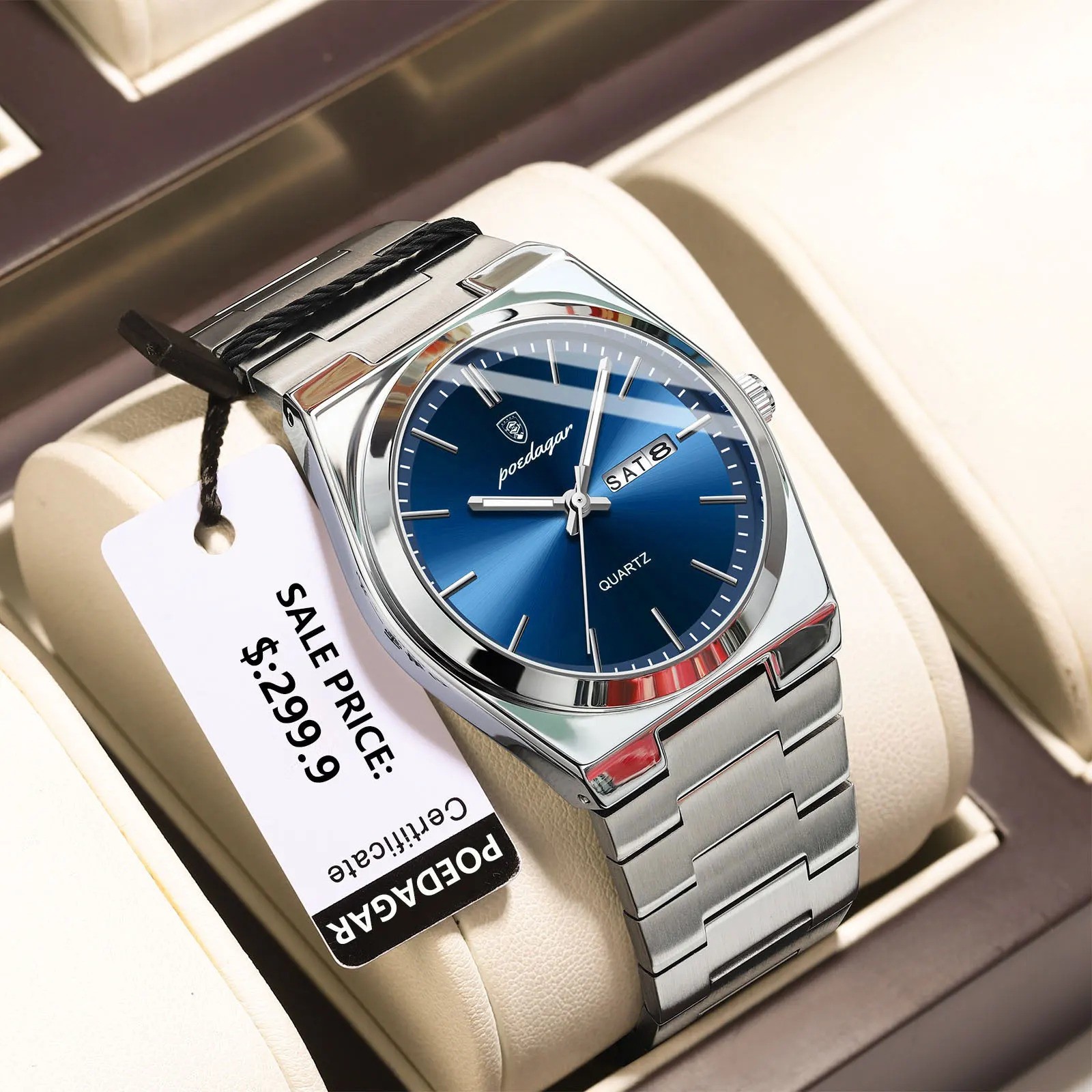 POEDAGAR Men’s Quartz Watch Stainless Steel Waterproof Day Date Luminous