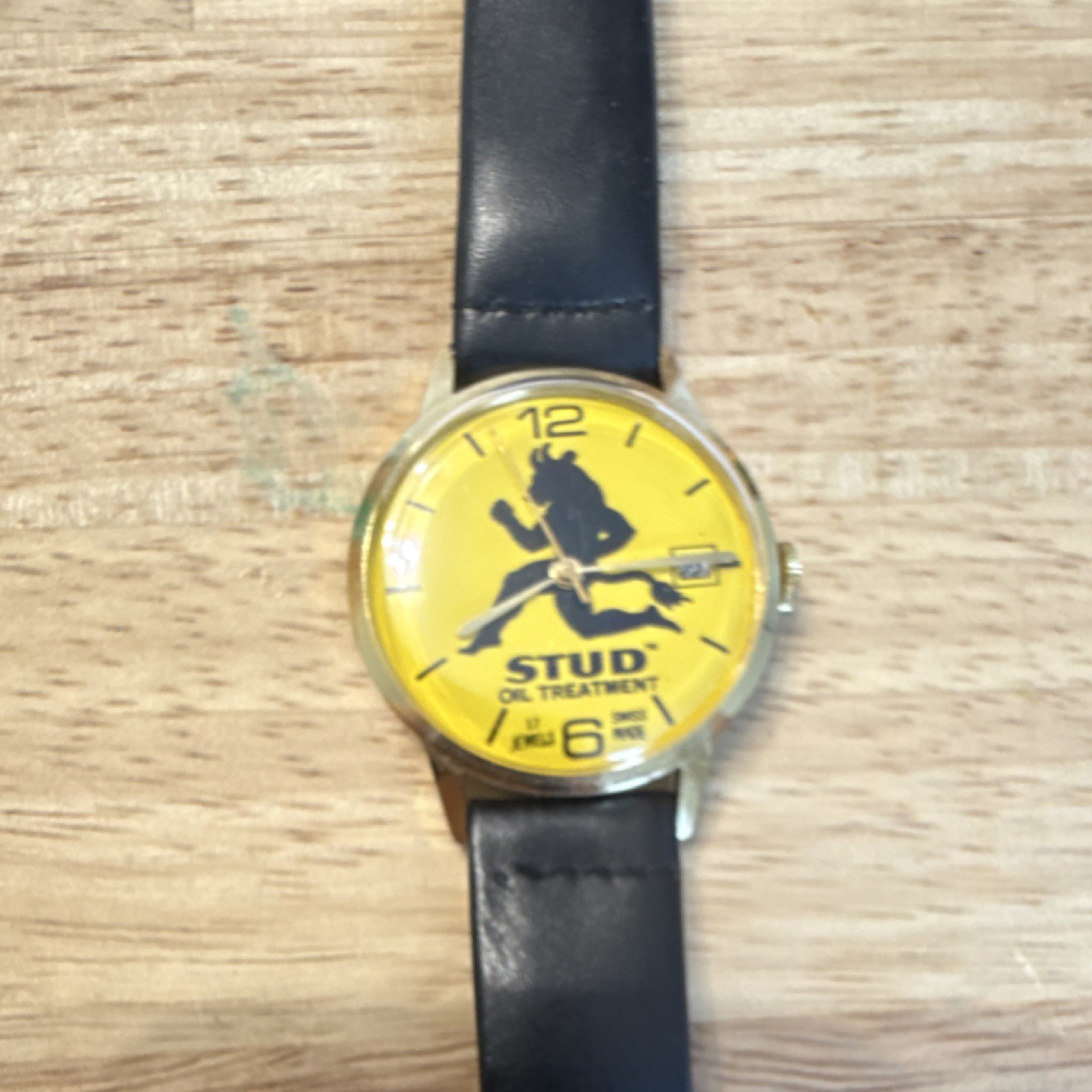 Vtg Stud Oil Treatment Yellow Dial Quartz Novelty Wristwatch Black Leather Strap