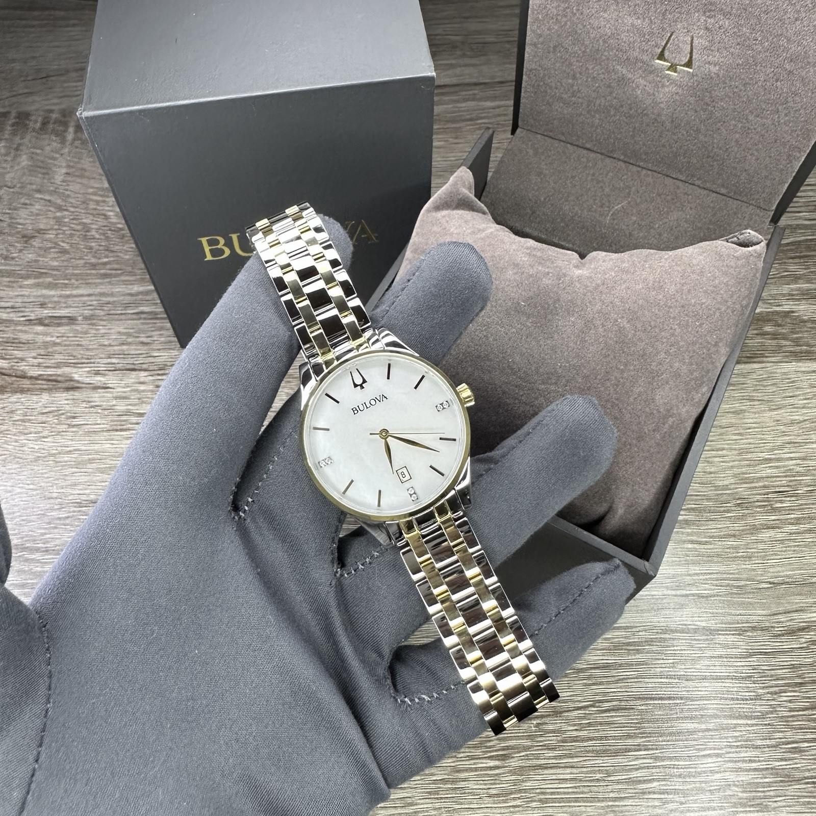 NEW✅DIAMONDS✅ Bulova Classic Two-Tone Mother Pearl Date Womens Watch 36MM 98P201