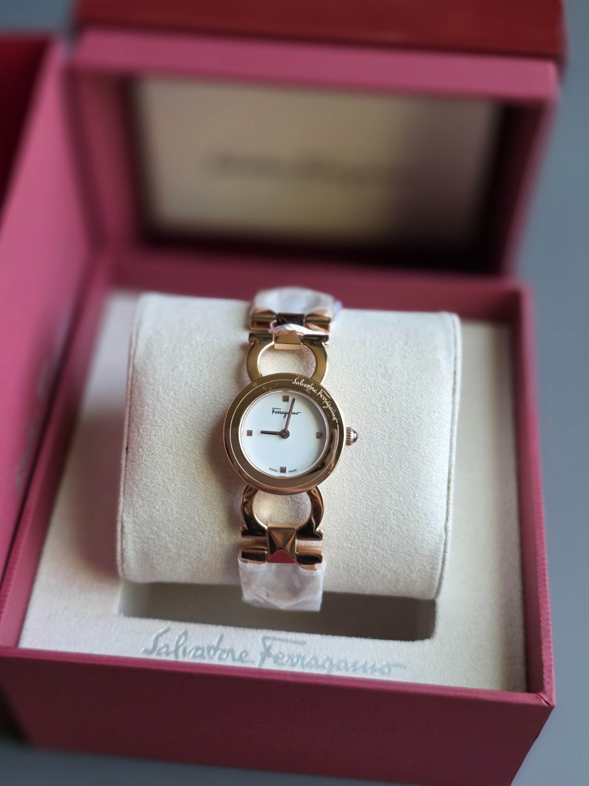 Brand New Ferragamo Double Gancini Stud IPRG Women’s Bracelet Watch- SFMI00322