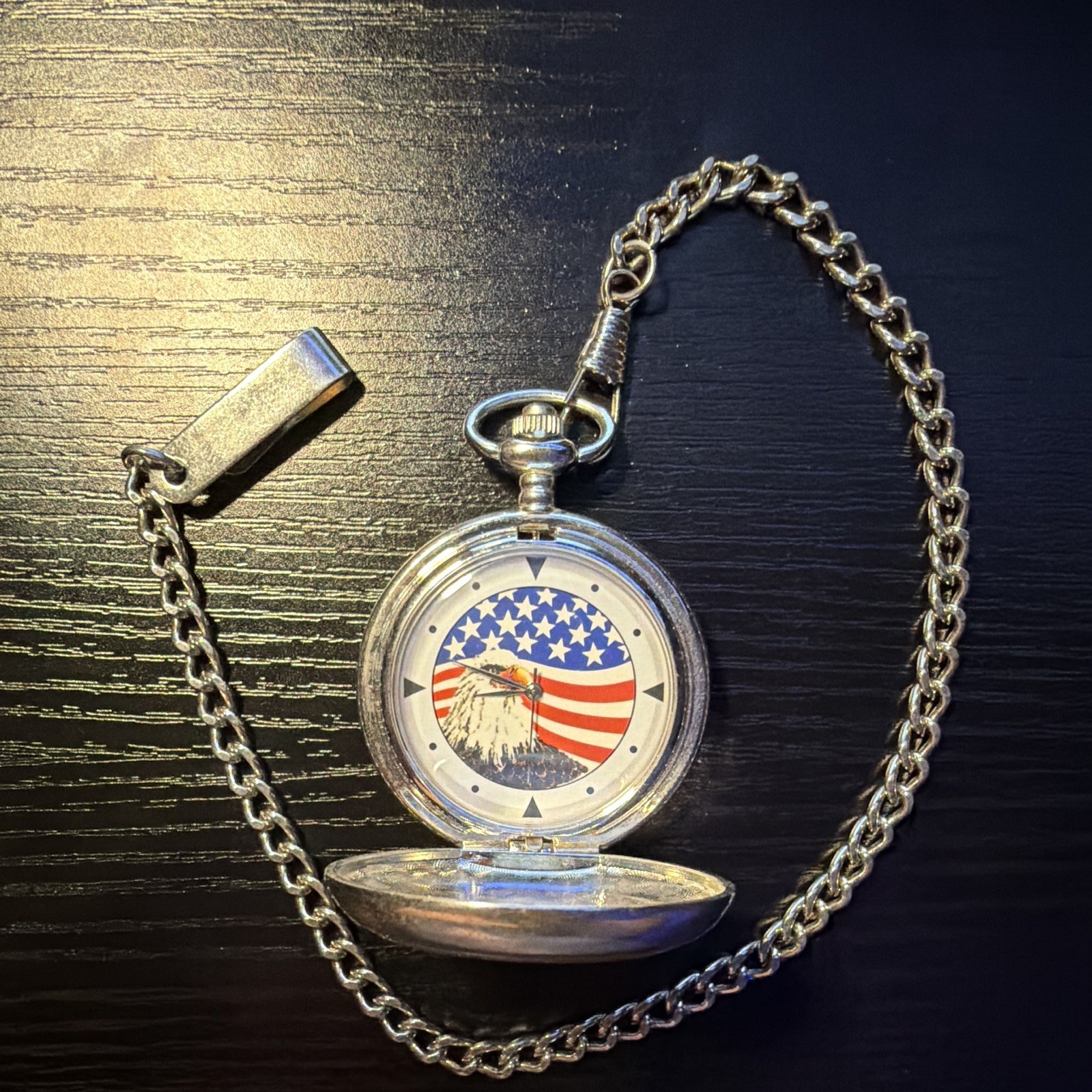 Silver Full Hunter Quartz Pocket Watch w Chain American Flag Eagle Dial
