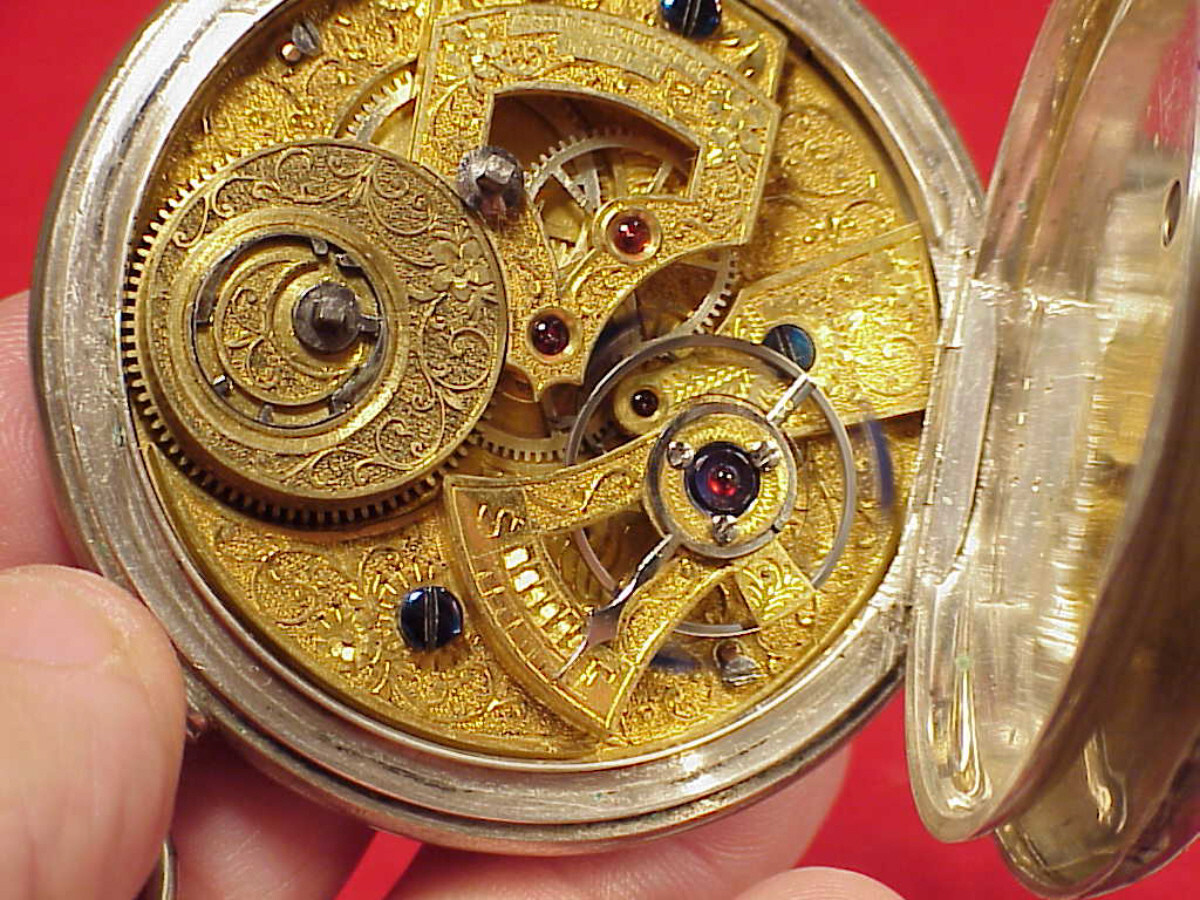 VINTAGE 55MM T JACOT BAT WING RUBY CRAB CLAW CHINESE DUPLEX SILVER POCKET WATCH