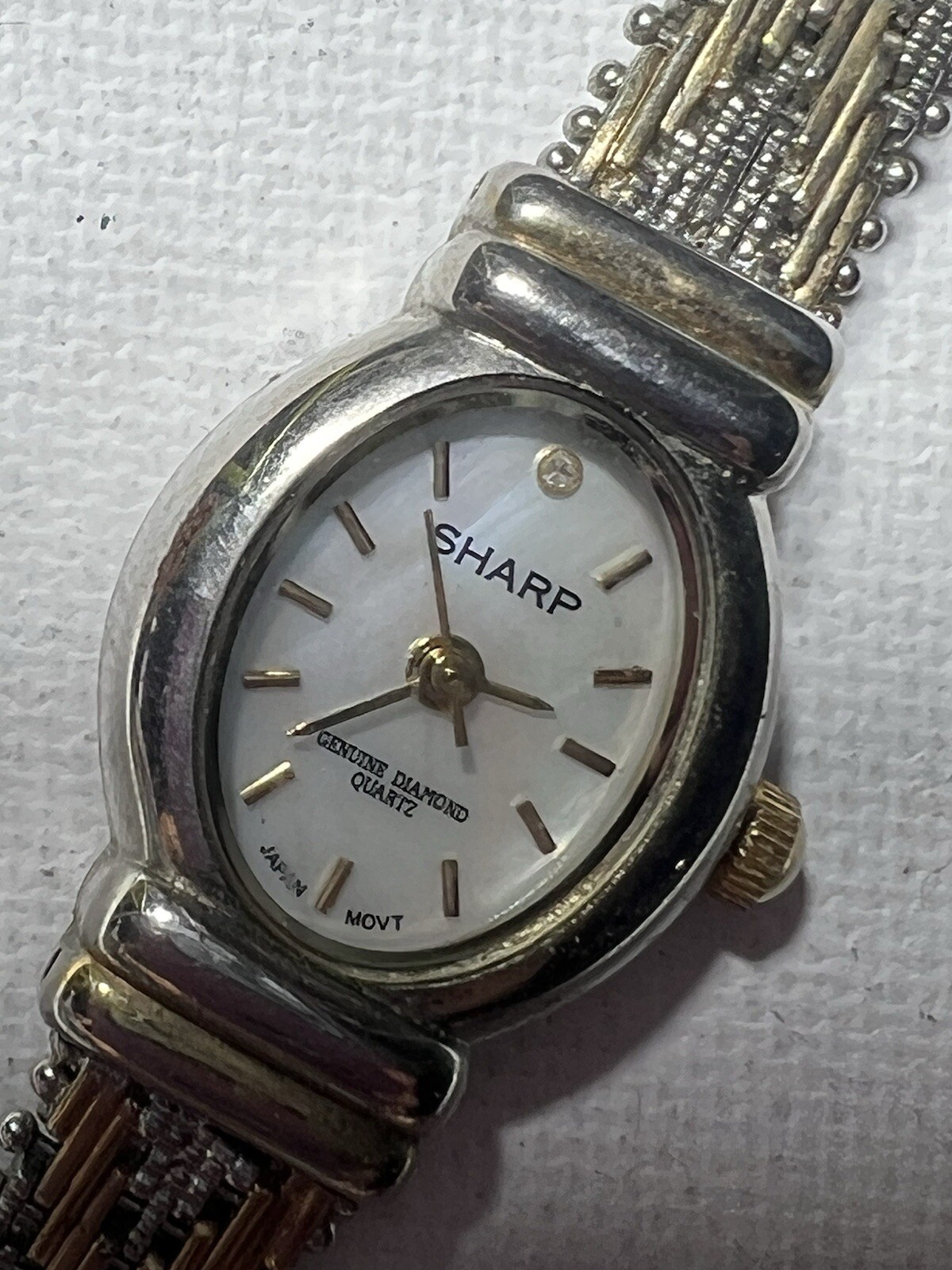 1930’s Sharp Ultra Light Watch Fiery MOP Dial Genuine Diamond woman two tone