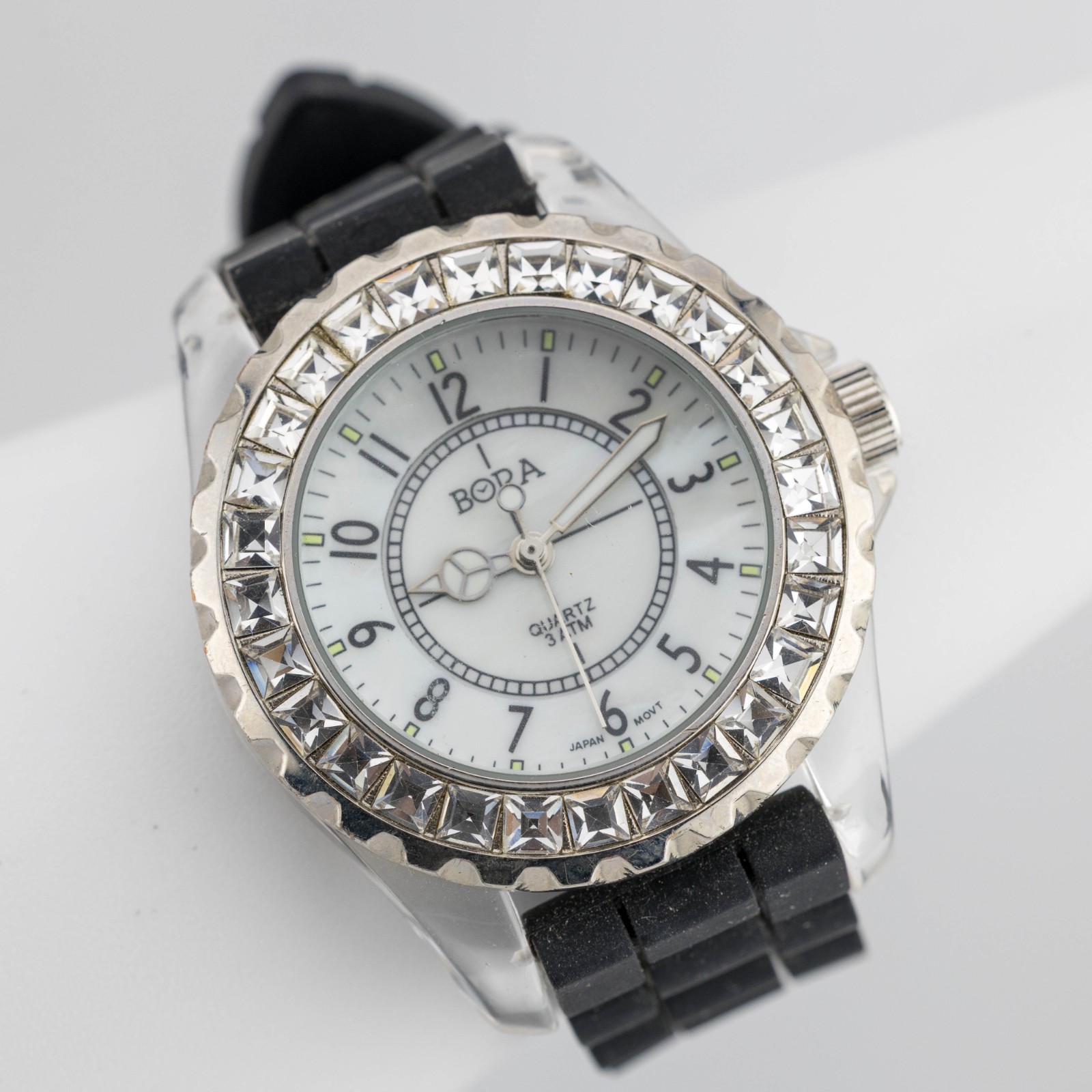 BORA Black-Tone Band Clear Plastic Case Quartz Analog Women’s Watch New Battery