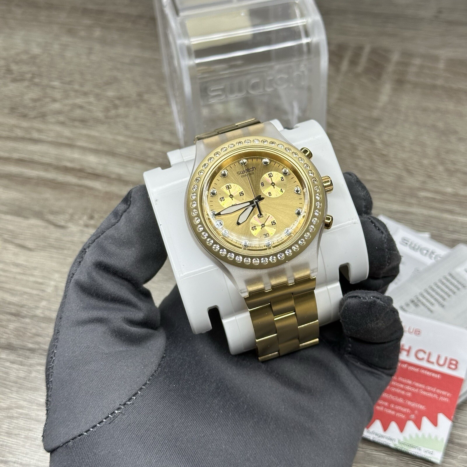 NEW✅ SWATCH IRONY FULL BLOODED GOLD CHRONO ALUMINUM 43MM WATCH SVCK4084