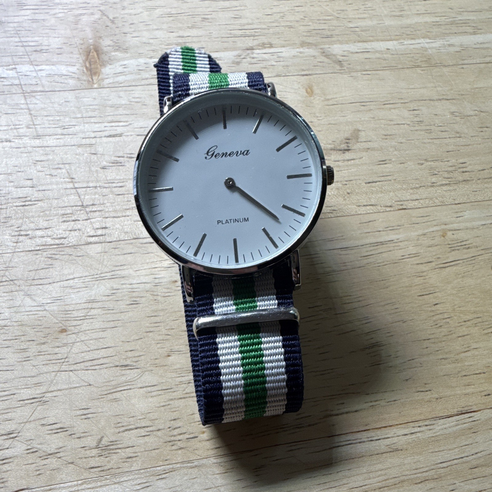 Geneva Platinum Quartz Analog Watch White Dial Blue/White/Green Nylon Strap
