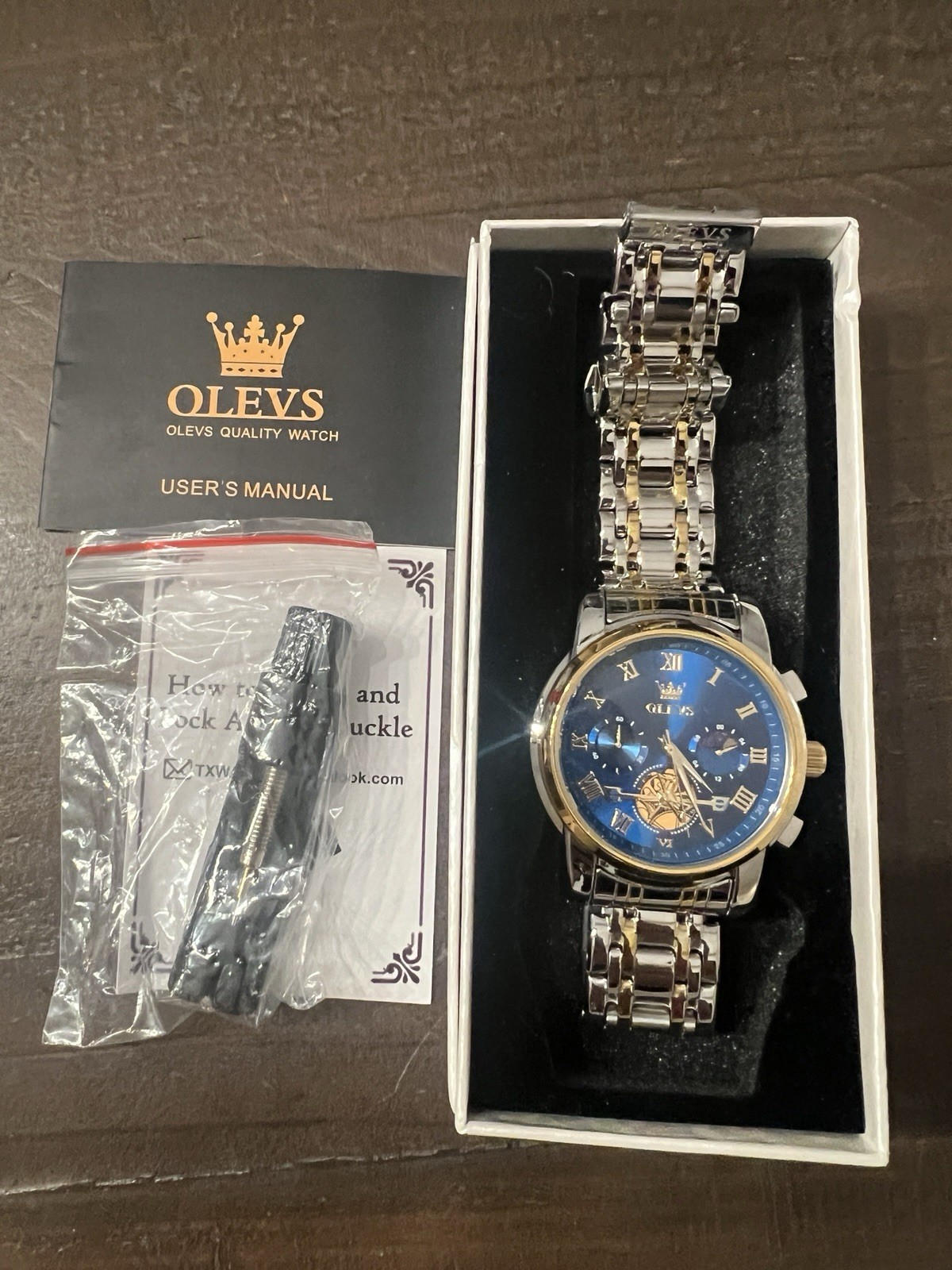 OLEVS Mens Watch Chronograph Business Blue Face Quartz Stainless Steel Working