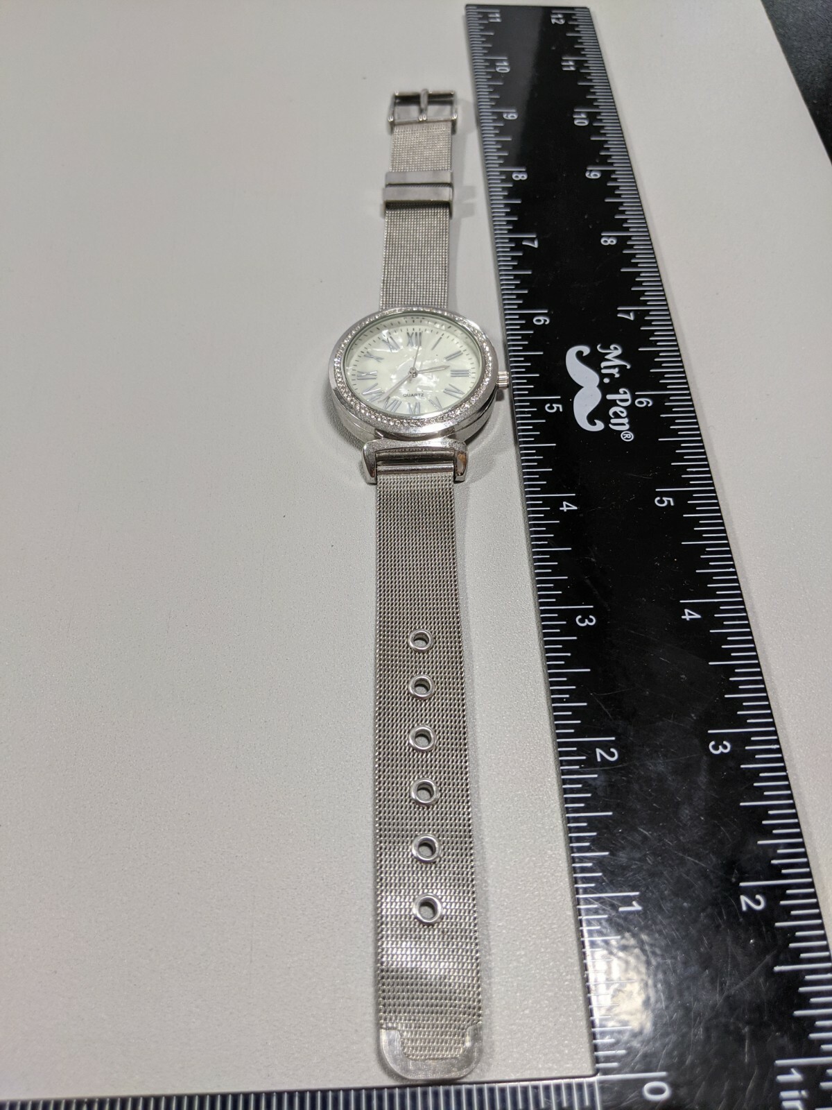 Silver Tone Pearlized Face Crystal Bezel Stainless Steel Mesh Style Band Watch