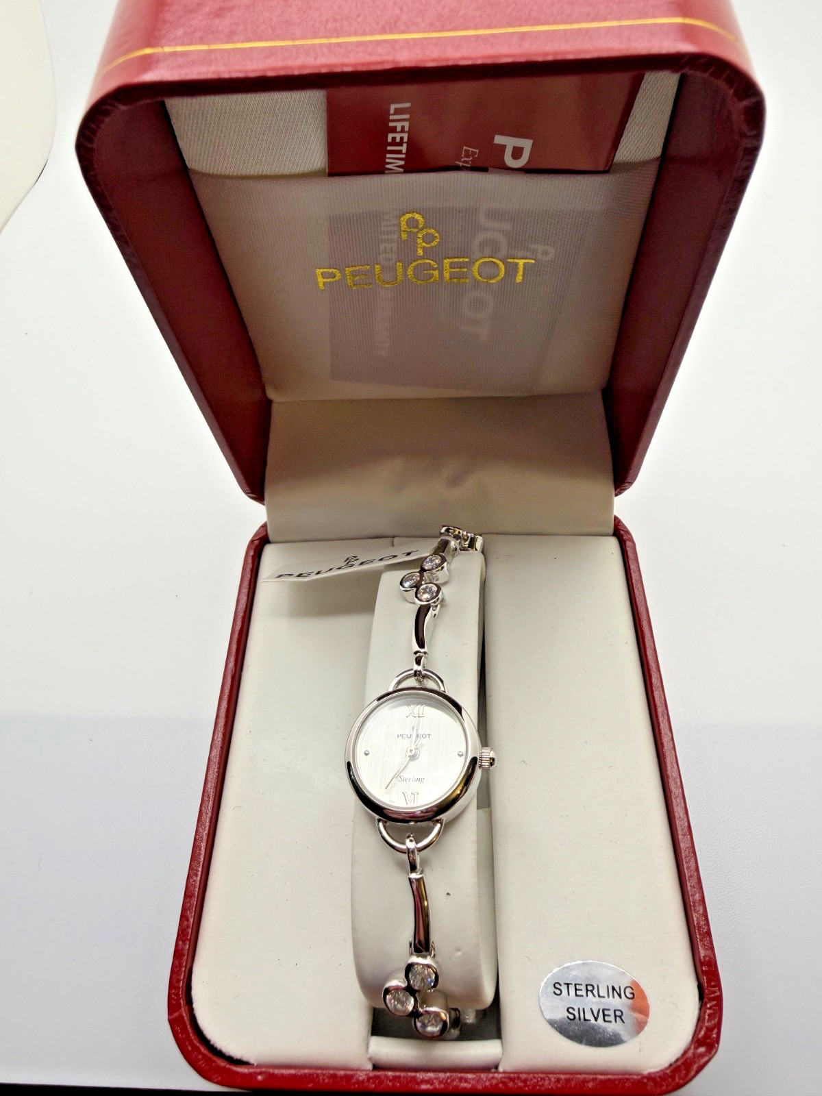 NEW Peugeot Sterling Silver Women’s Bracelet Watch Crystal Accents NWT Box – Vtg