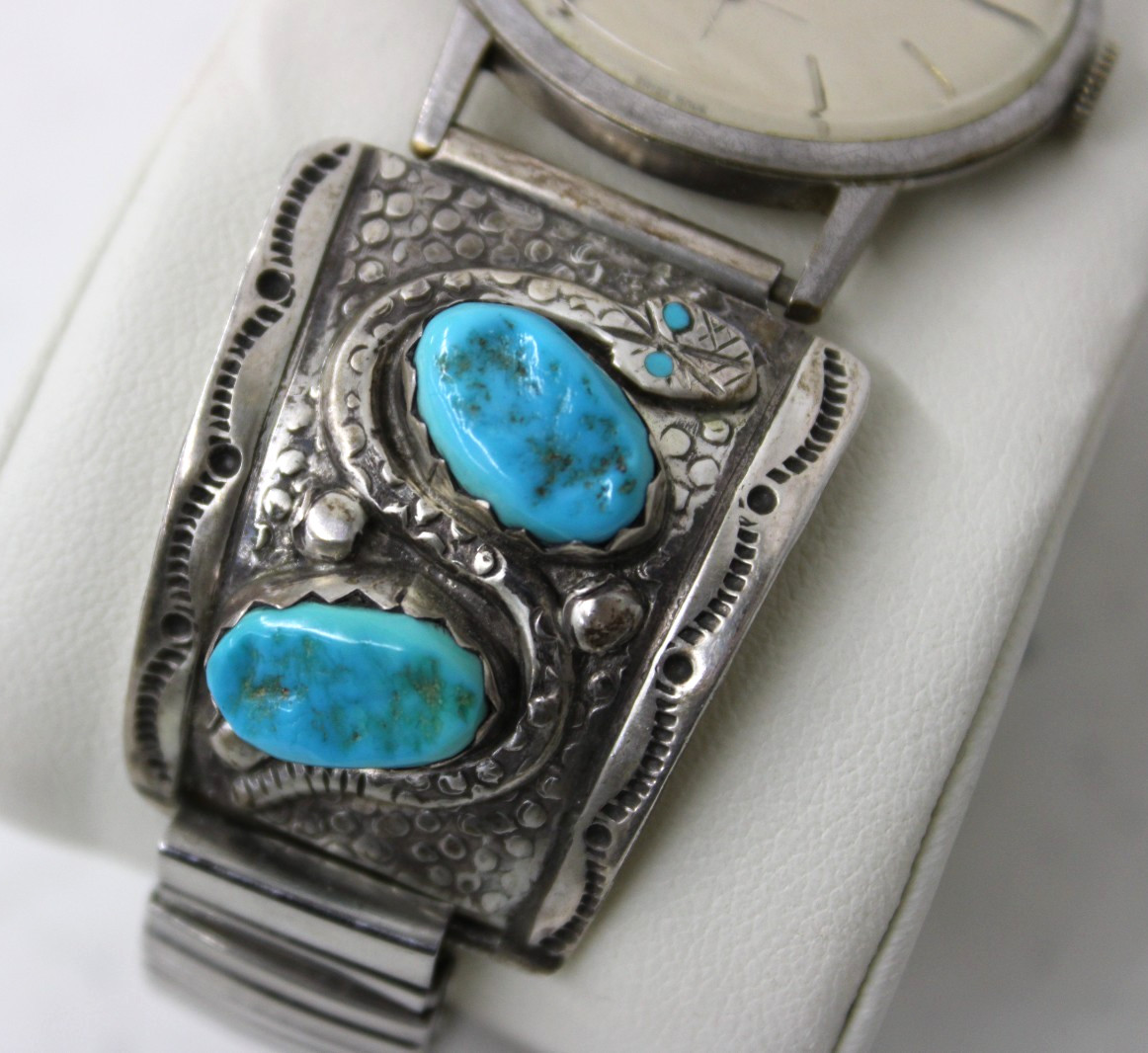 Vtg R. Nieto Zuni Sterling Turquoise Snakes Sellita 17 Jewel Mechanical Watch