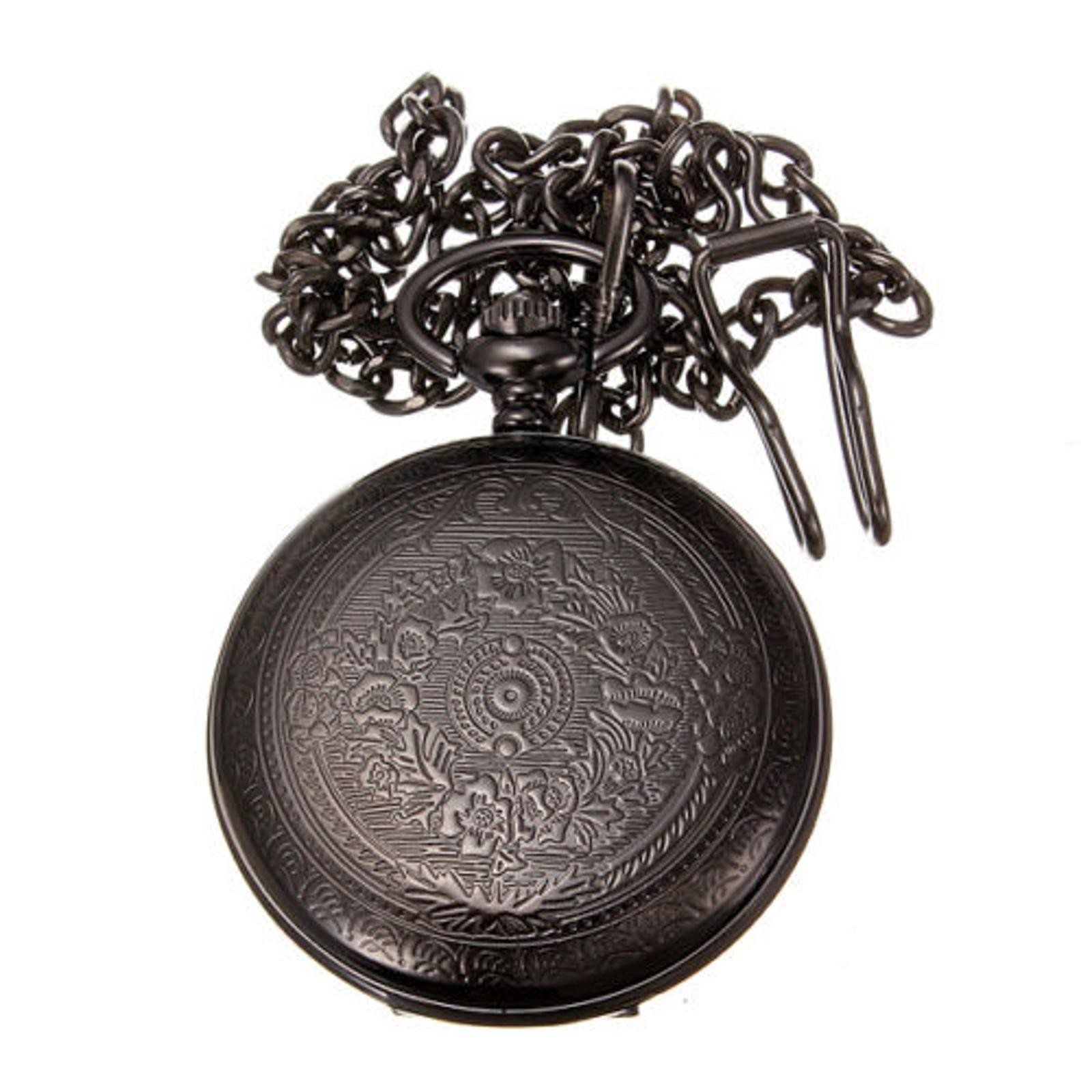Vintage Retro Steampunk Pocket Watch Black Quartz Pendant Necklace Chain Gift G