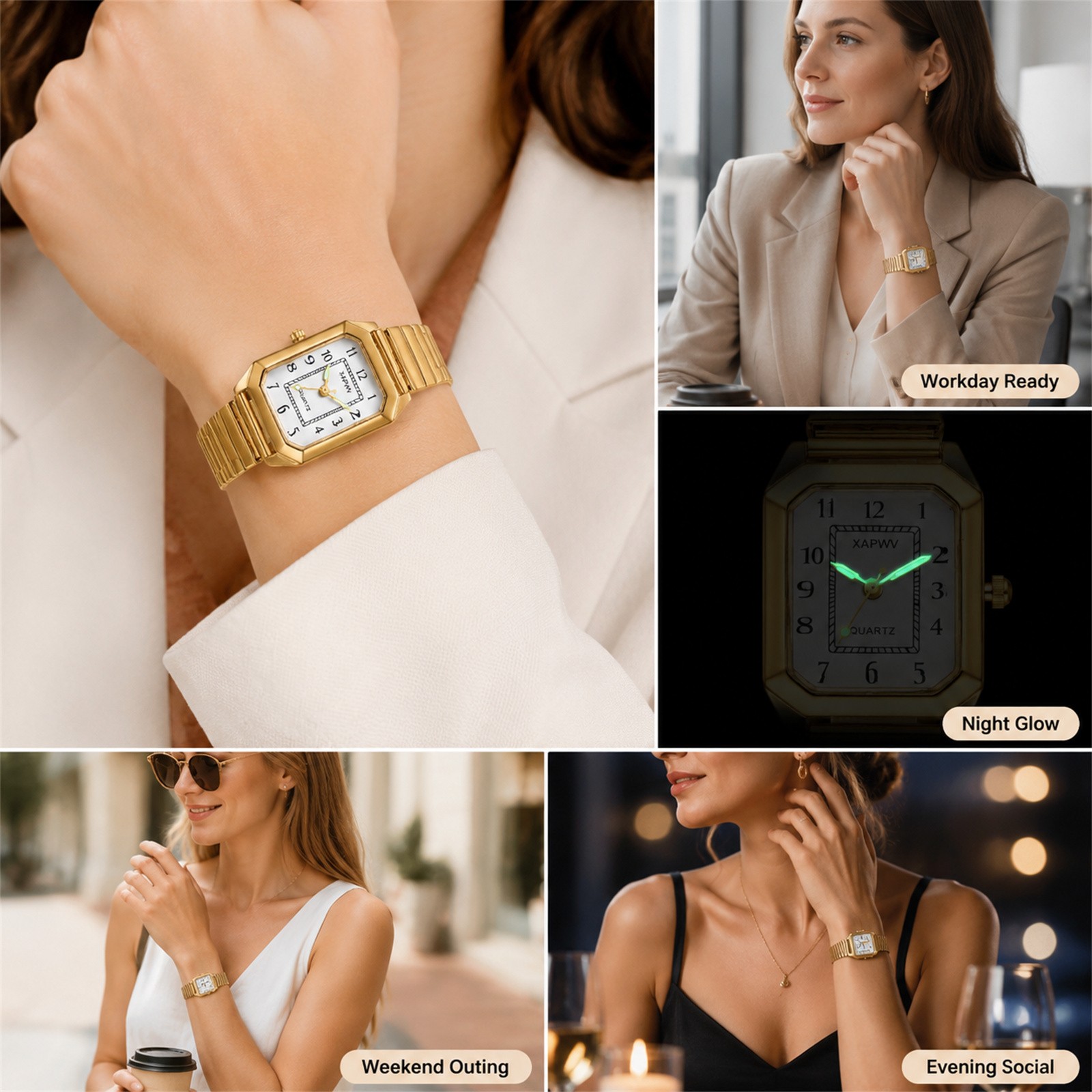 Women’s Daily Square Luminous Hand Elastic Stainless Steel Band Wrist Watch