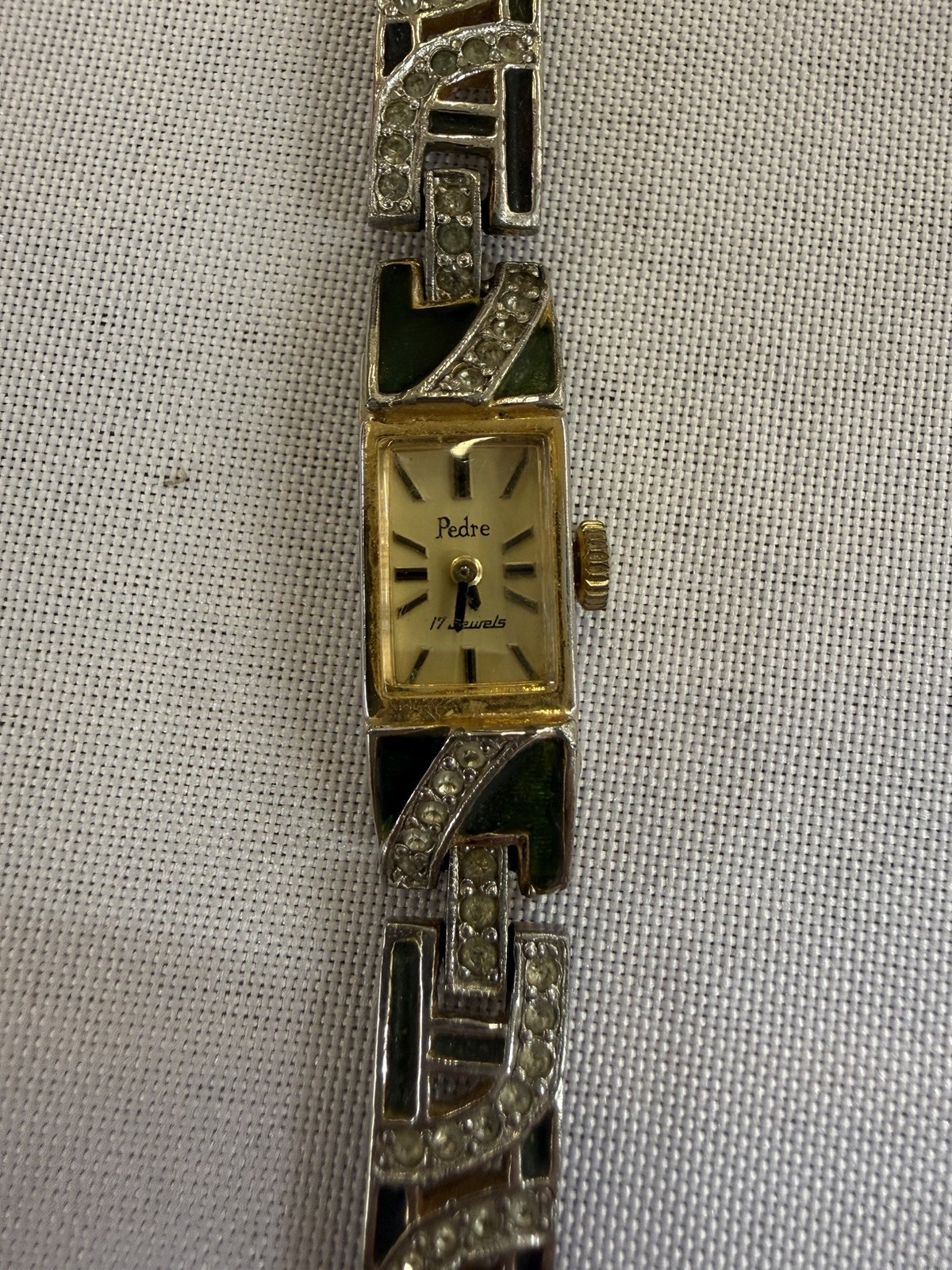 VTG Pedre Swiss 17 Jewels Watch Women Small 15mm Gold Tone Diamonds Rectangle