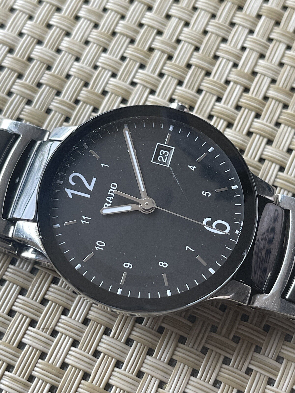 Rado Centrix Black Dial Unisex Watch, ceramic bracelet with titanium clasp.