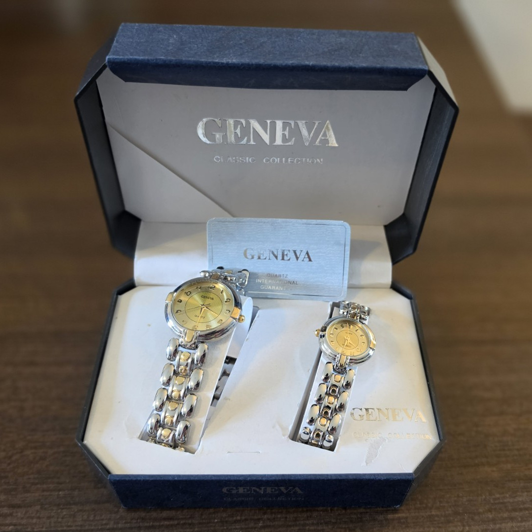 Geneva Classic Collection 2-Piece Quartz Analog Watch Set Gold Dial Box