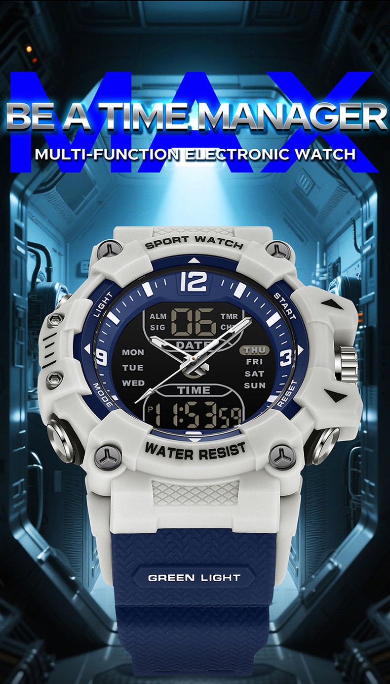 Trendy dual display dial multifunctional sports style quartz waterproof watch