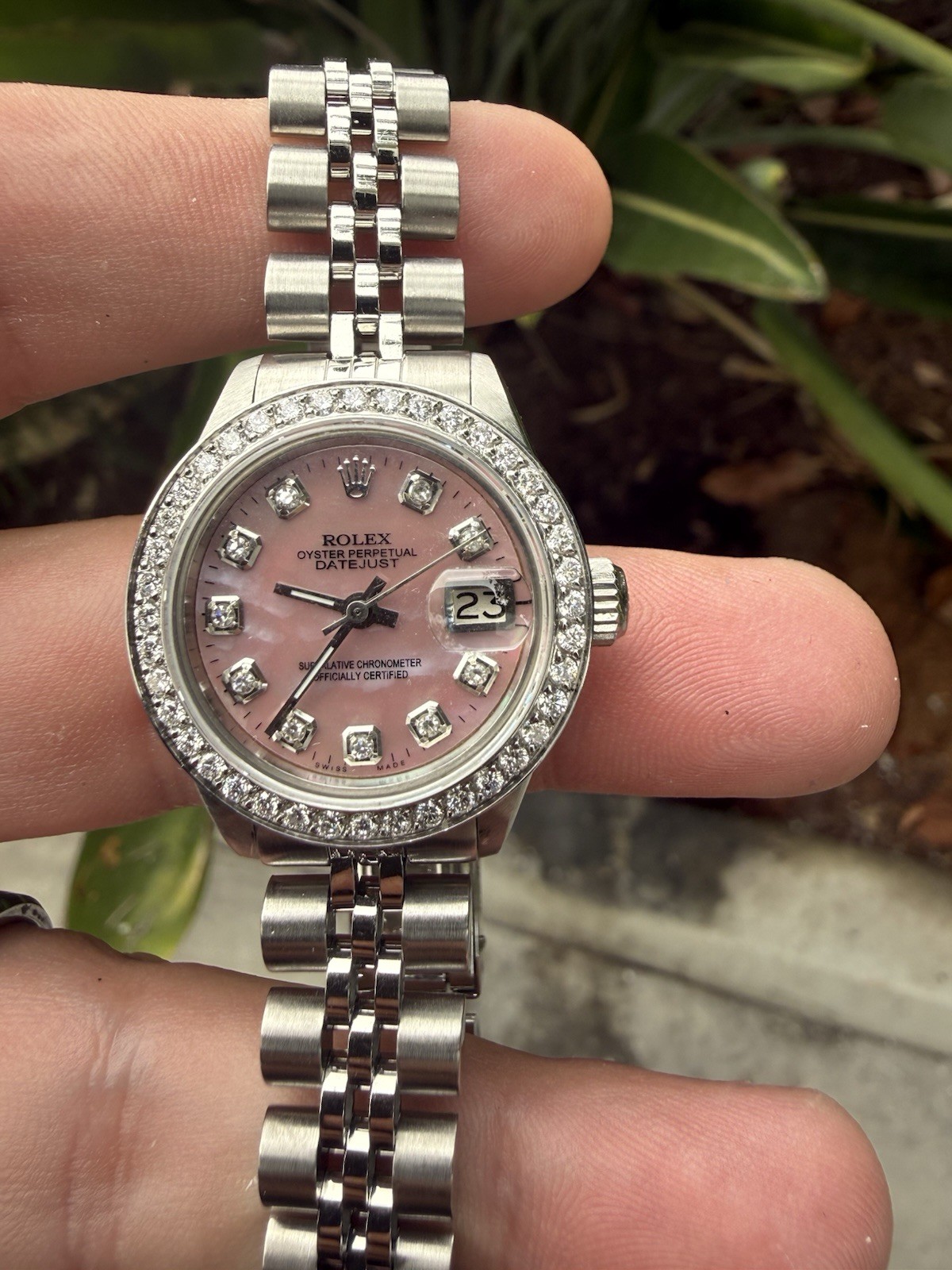 Rolex Ladies Datejust Pink MOP Diamond Dial Diamond Bezel Jubilee Band
