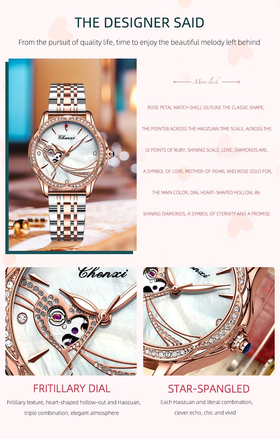 CHENXI Women Leather Hollow Out Luminous Waterproof Automatic Mechanical Watch