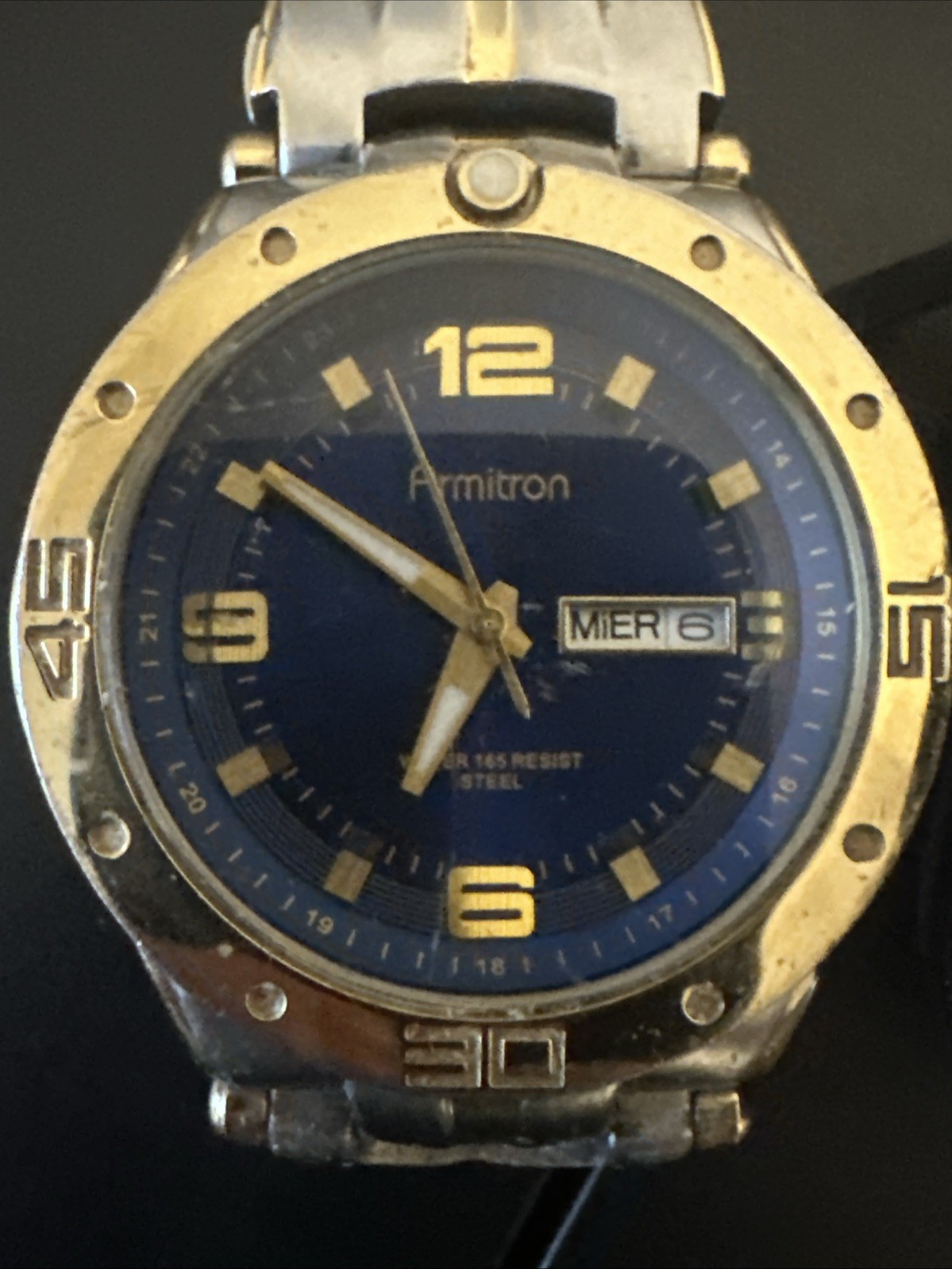 Armitron Men’s Blue Dial Day Date Silver Tone Quartz Watch 165FT Stainless