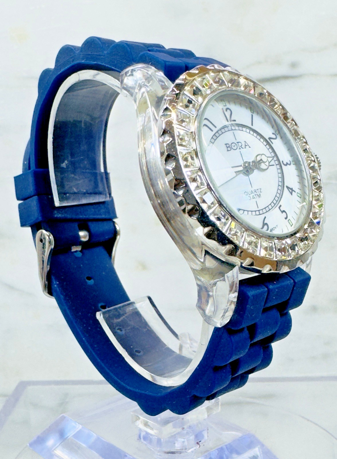 Vintage Bora Quartz Watch Bling Bezel Blue Silicone Strap 40mm New Battery