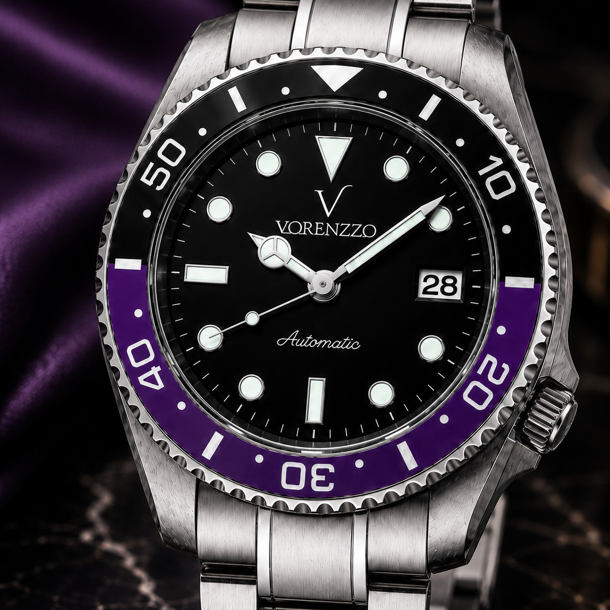 VORENZZO Automatic Diver Watch Sapphire Crystal Black Dial Blue Bezel
