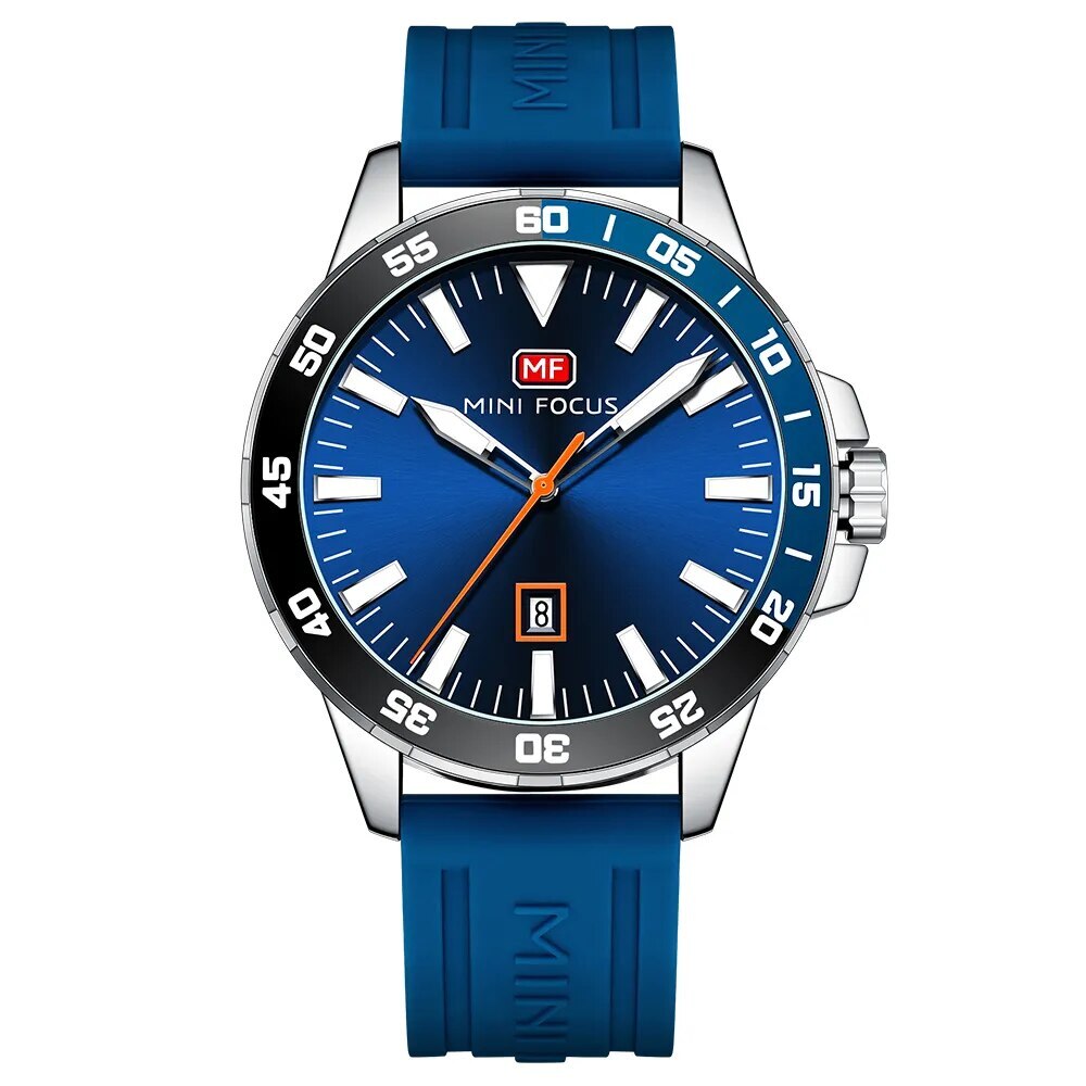 Men’s Watches Complete Calendar Quartz Movement Blue Silicone Strap Wristwatch