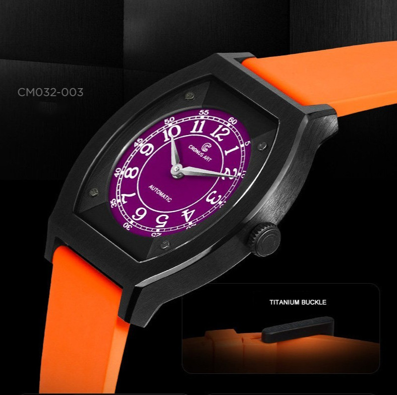 CRONUSART Men Automatic Watch Titanium Tonneau Mechanical Wristwatch Micro Rotor