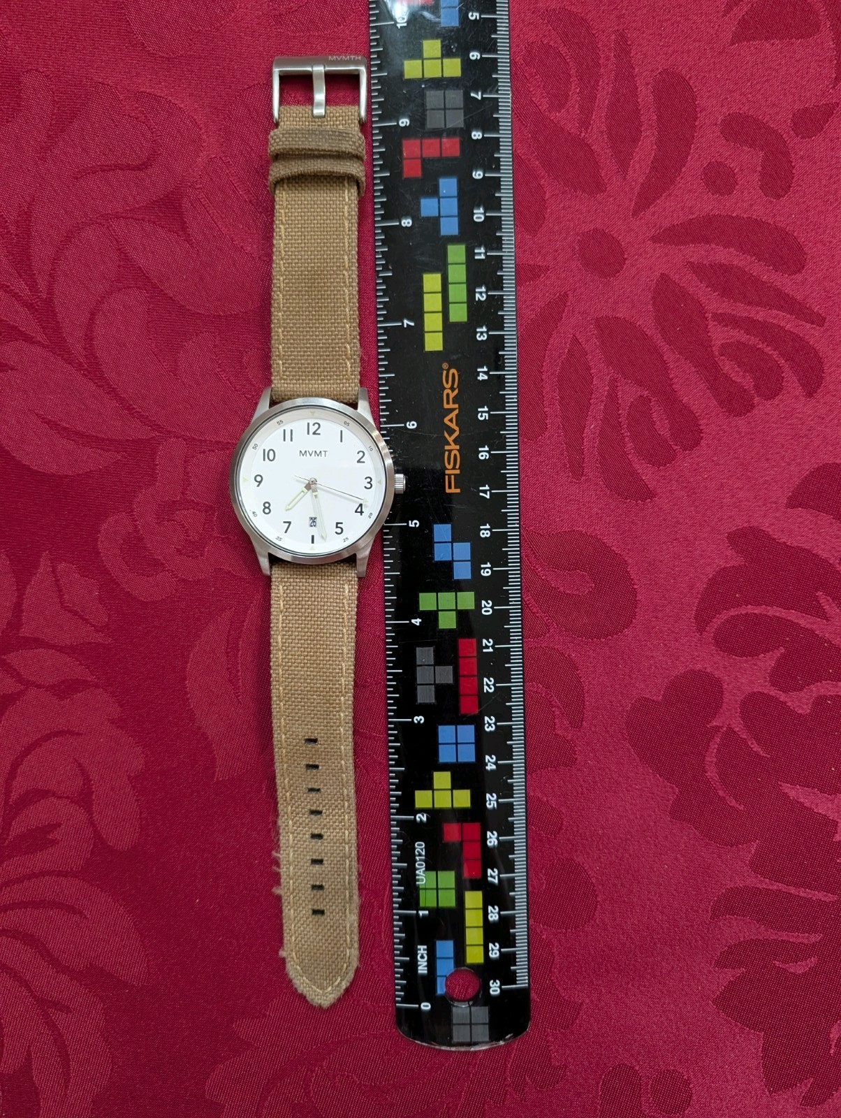 MVMT Quartz Analog Watch 42mm White Dial Date Untested Tan Canvas Strap