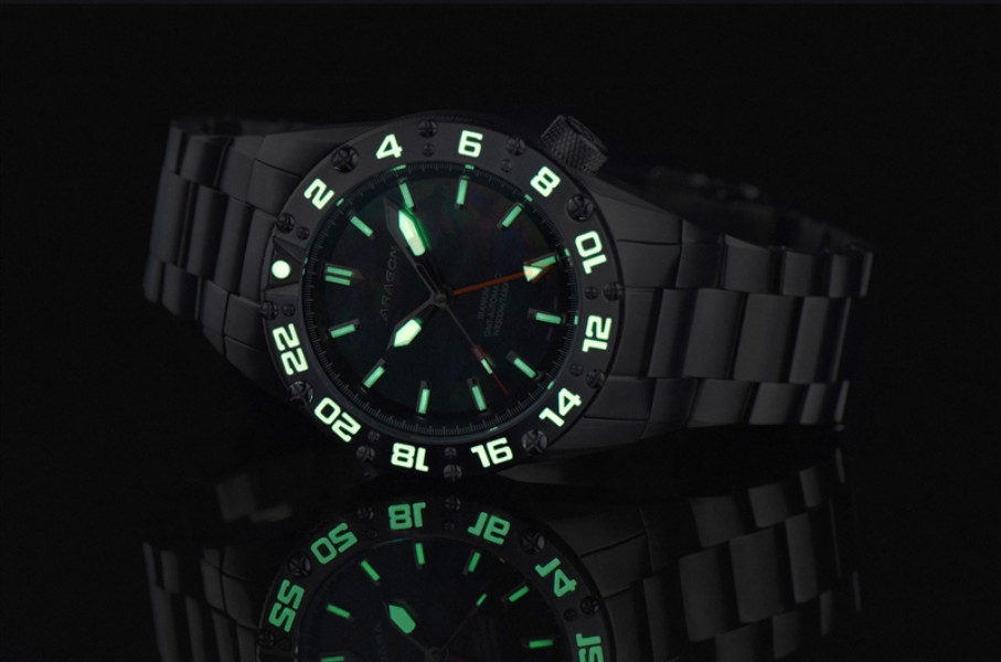 NEW! Aragon Enforcer True GMT Titanium Black MOP Dial 44mm Watch A702BLK