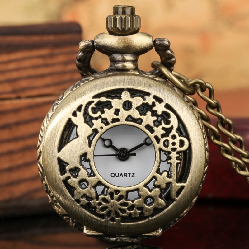 Mini Steampunk Quartz Pocket Watch Engraved Antique Bronze w/ Necklace Chain
