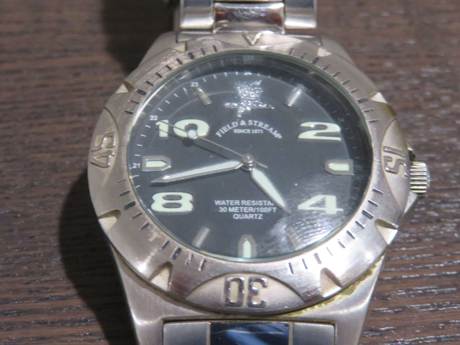 Field & Stream Quartz Watch Men 30m Silver Black Fixed Bezel 7.25″ Outdoors