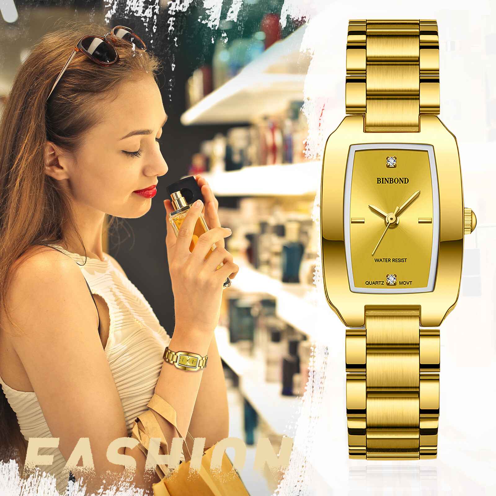 Women’s Charm Rectangle Dial Quartz Wrist Watch Stainless Steel Rhinestone Dial