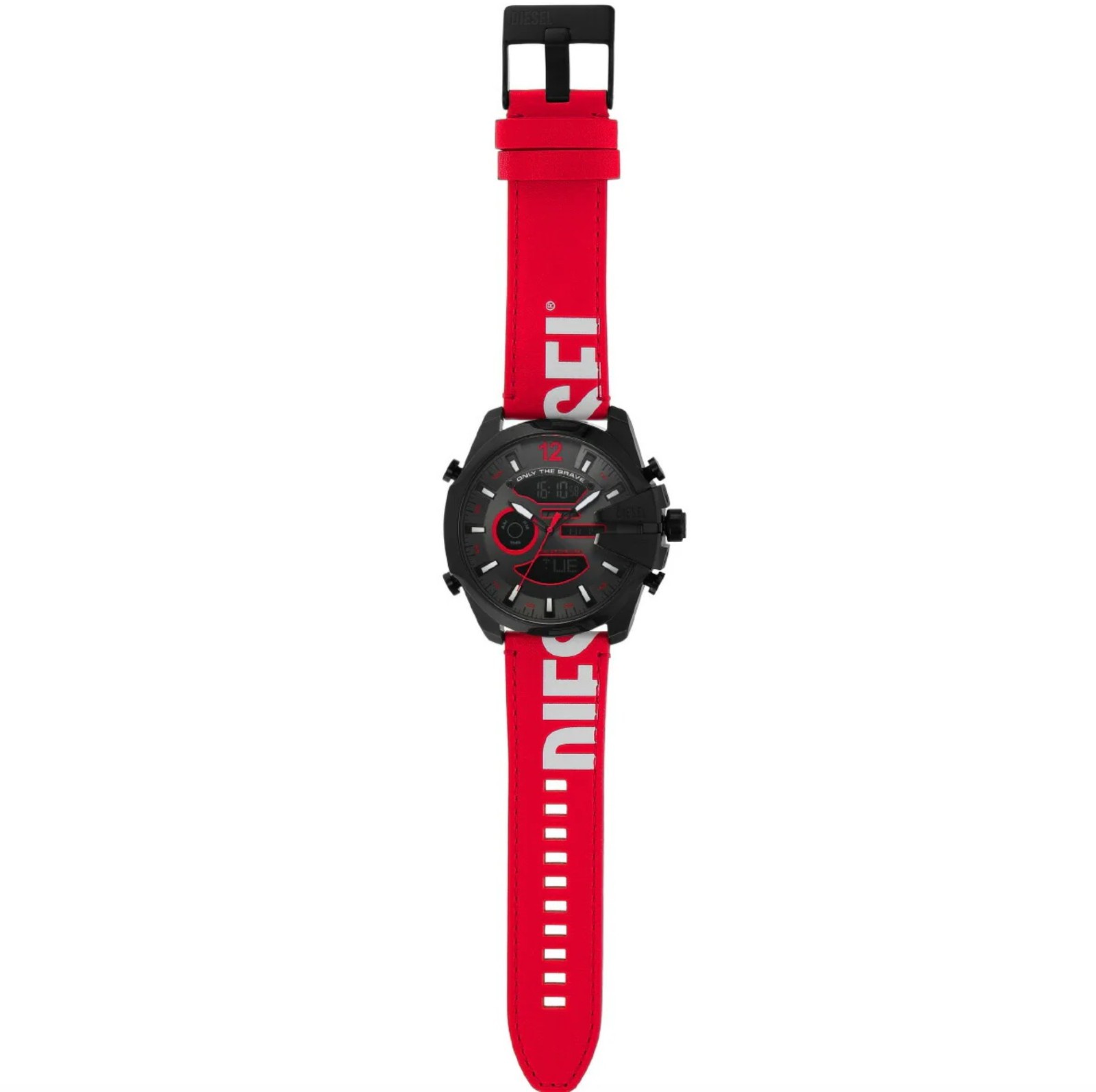 DIESEL Black Stainless-Steel Grey Sunray Dial 51mm Watch Red White Leather Band