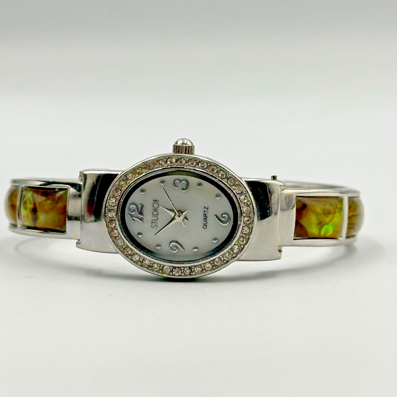 Studio Time Watch Women Silver Tone Crystal Bezel Abalone Inlay Band New Battery