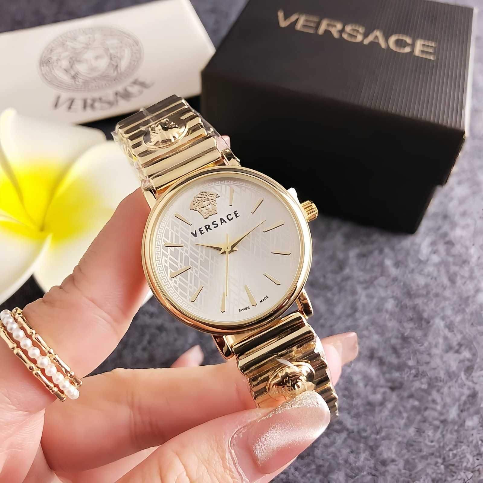 Timeless Versace 32mm Quartz Watch with Alloy Wristband and Box