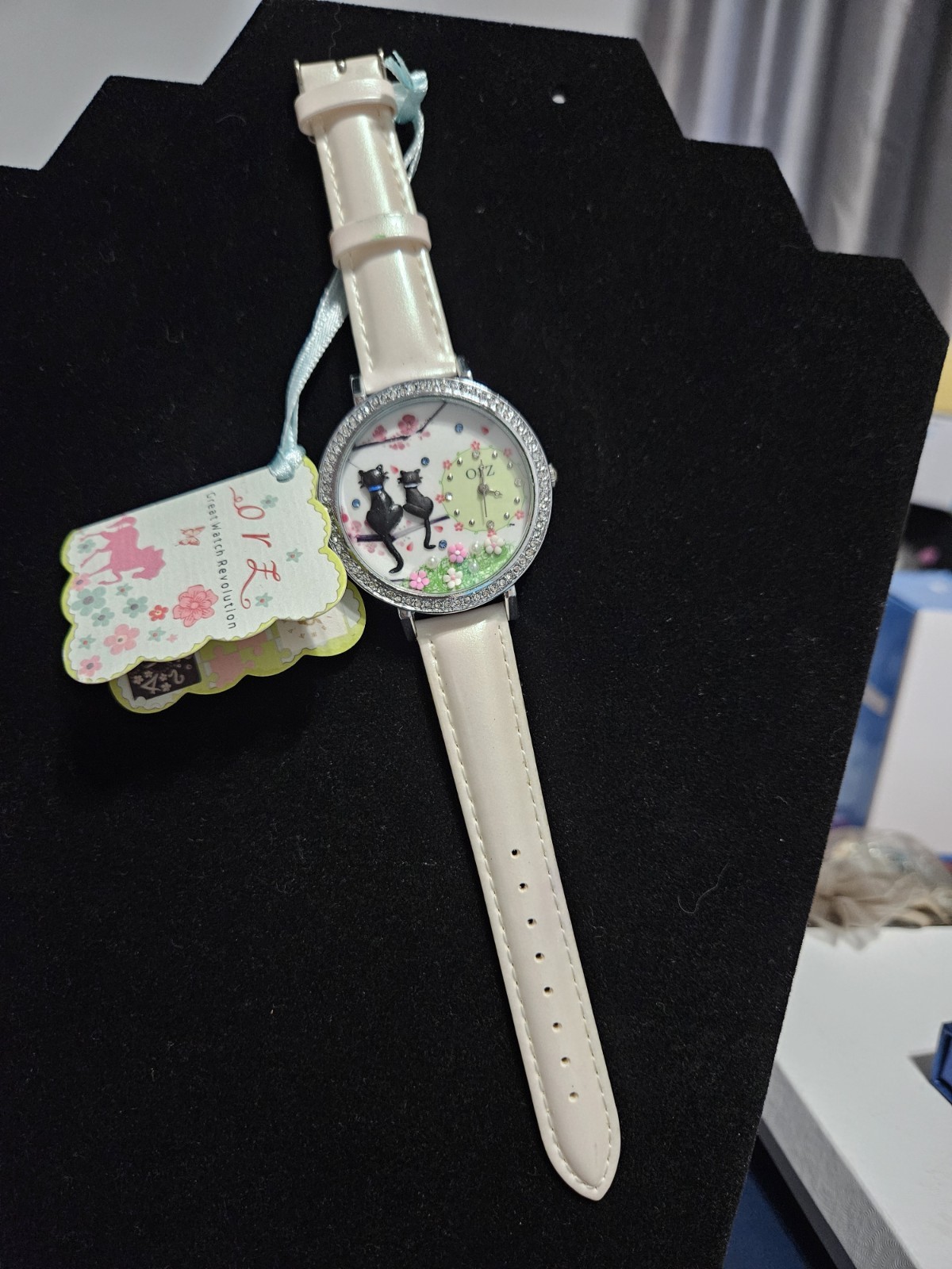 ORZMini Korea Polymer Clay 3D Wristwatch Black Cats Crystals Around Silver Dial