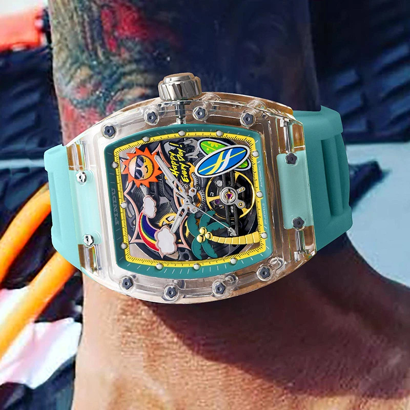 PINDU Men Mechanical Watch Tonneau Summer Beach Glowing Waterproof Silicone